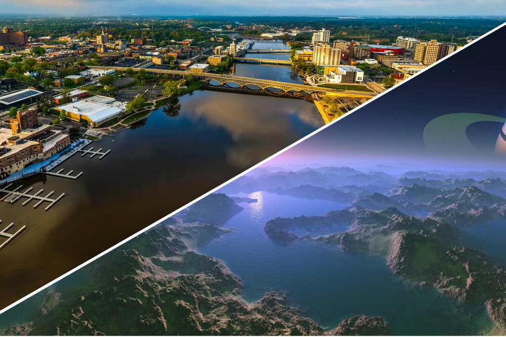 A side by side of an aerial shot of the Rock River in Rockford and a 3D rendering of rivers on Titan.