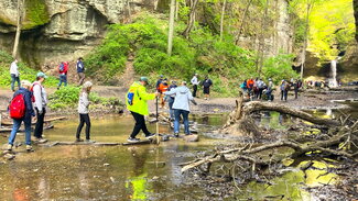 A group of people crossing a shallow creek.