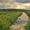 A river running through a farm field.