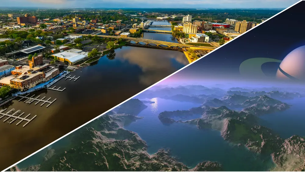 A side by side of an aerial shot of the Rock River in Rockford and a 3D rendering of rivers on Titan.