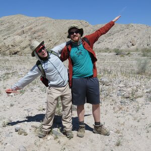 Robby Goldman and Jack Albright replicate the angel of tilted bedding at Mecca Hills, CA